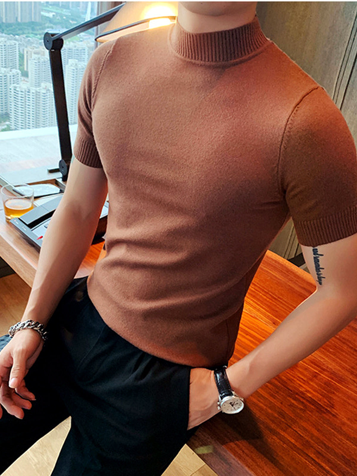 Men's Quick-Dry Henley Short Sleeve T-Shirt in Coffee Brown - product view