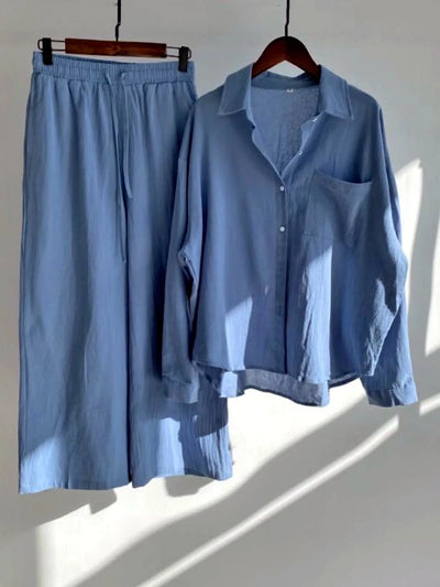 Women's Cotton Linen Button-Up Shirt & Wide-Leg Pants Set in Blue - product view