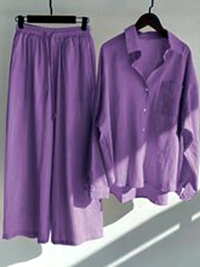 Women's Cotton Linen Two Piece Set with Shirt and Pants in Purple - product view
