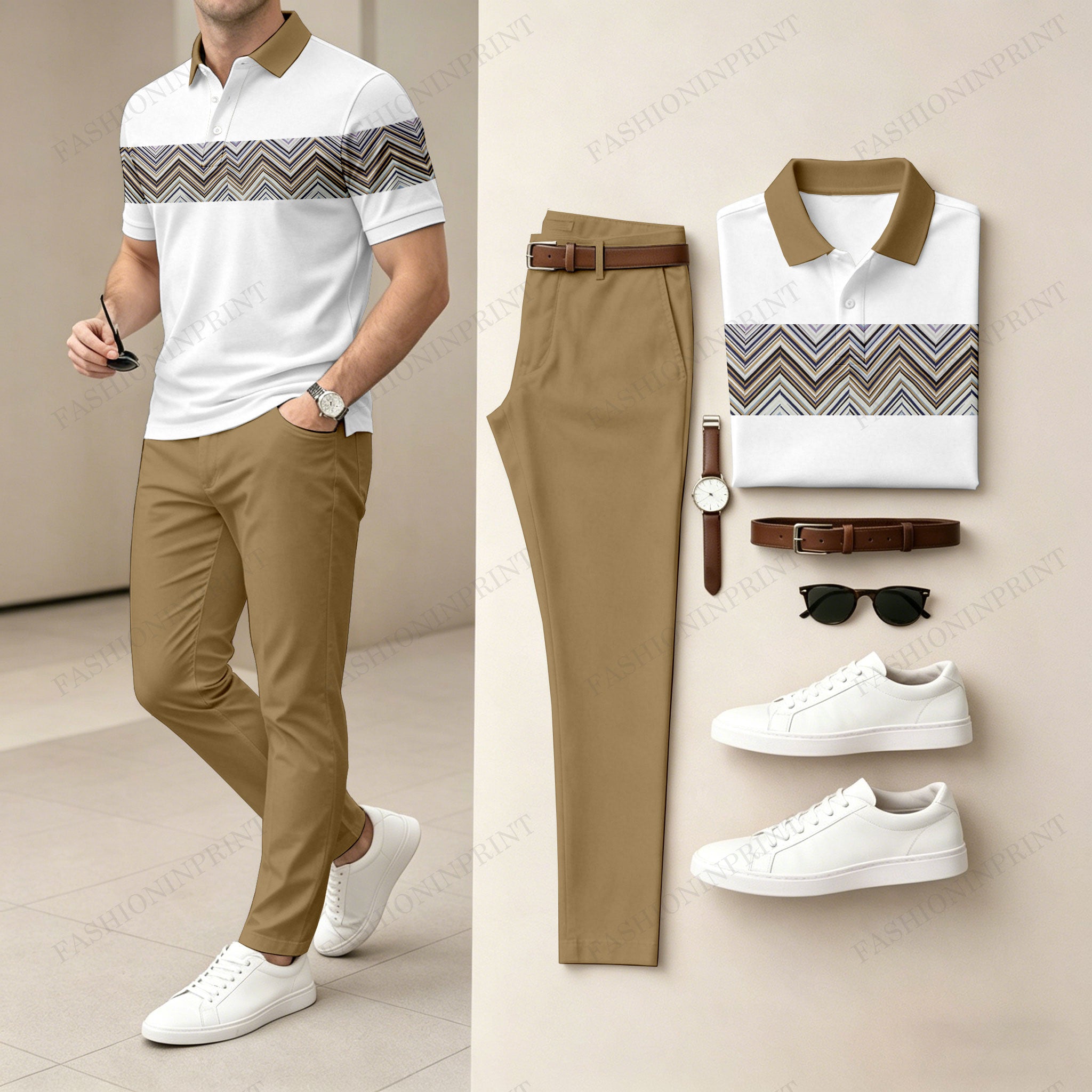 Men's Casual White Checkered Printed Polo Shirt And Pants Two-Piece Set 206510