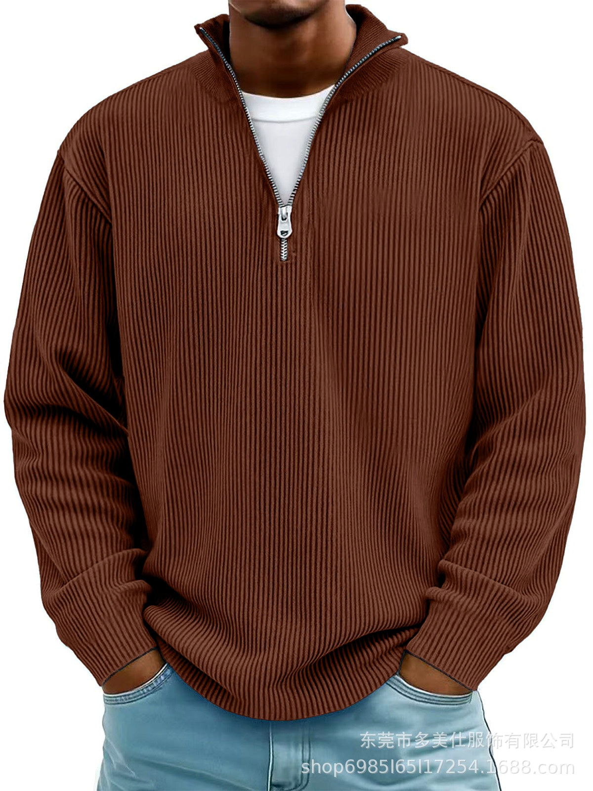 Men's Corduroy Quarter-Zip Stand Collar Long Sleeve Polo Shirt in Brown - product view