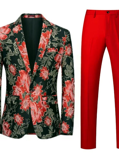 Men's Jacquard Blazer Suit Jacket One Button Party Banquet Formal Outfit in +Red - product view