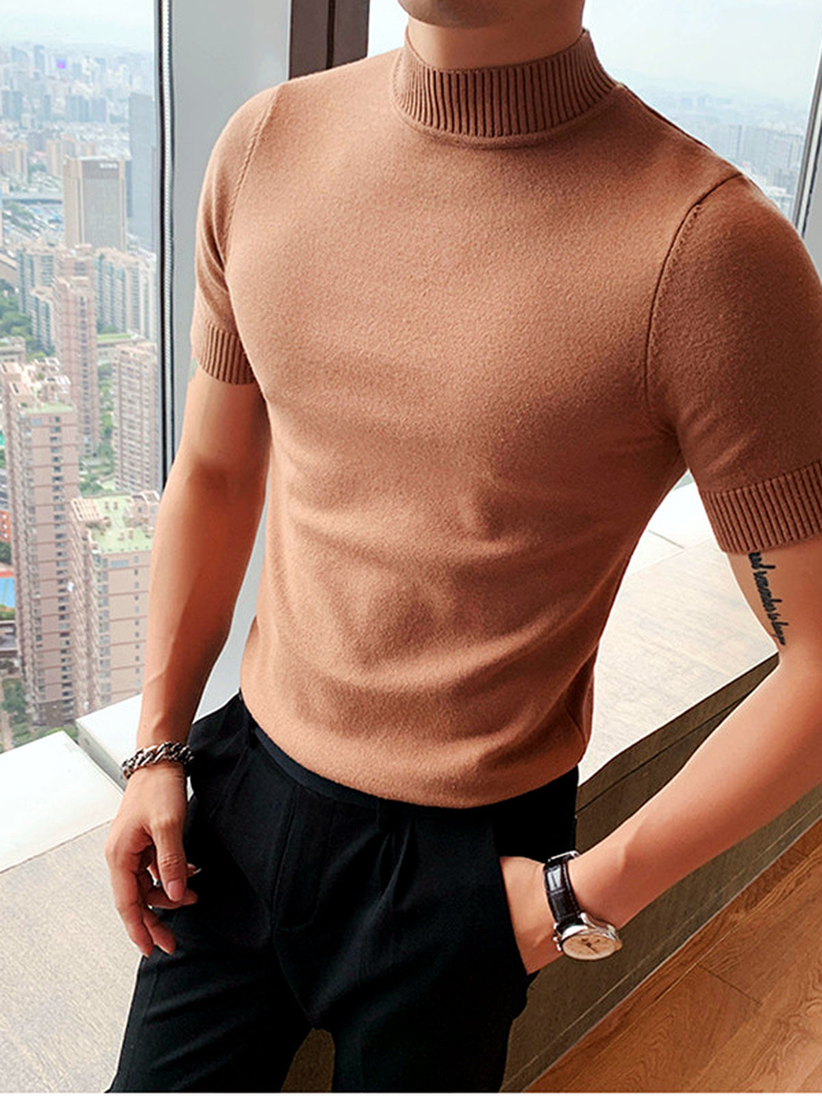 Men's Quick-Dry Henley Short Sleeve T-Shirt in Camel - product view