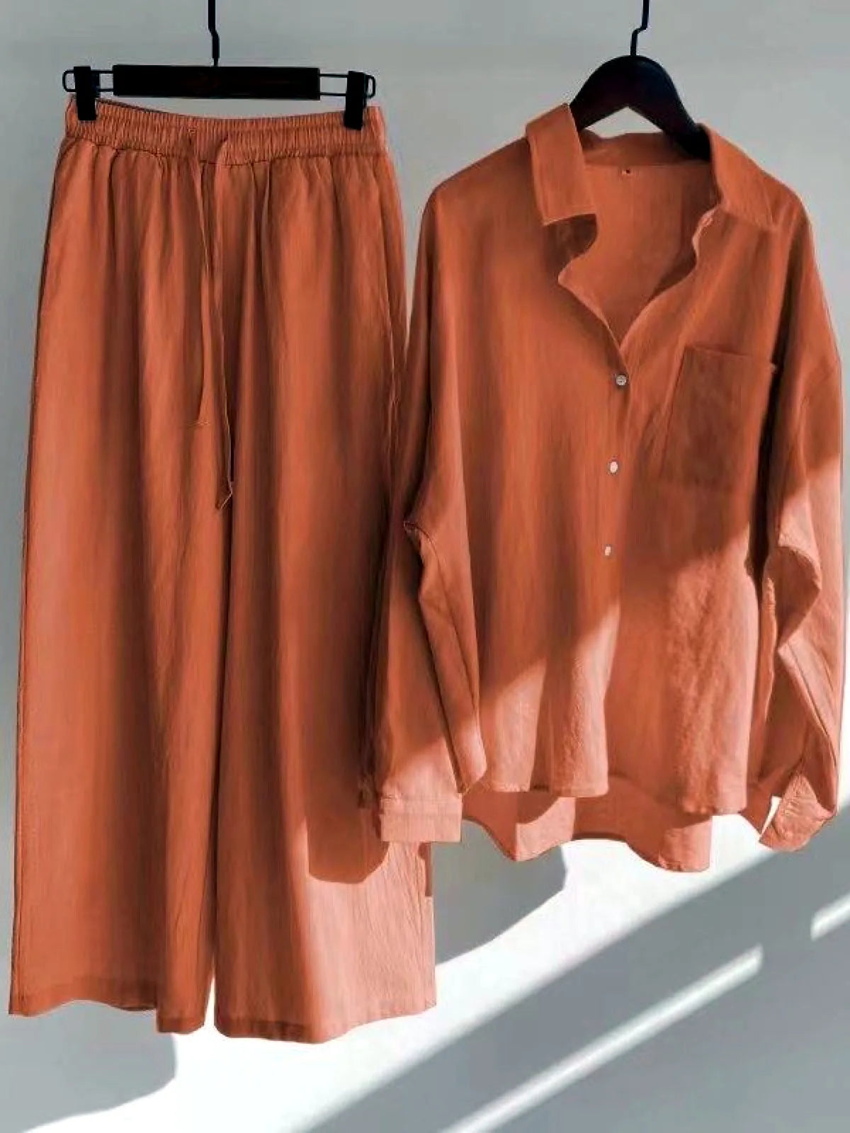 Women's Cotton Linen Button-Up Shirt & Wide-Leg Pants Set in Red - product view