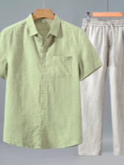 Men's Linen Blend Summer Shirt and Pants Set Lightweight Casual Beach Outfit product image