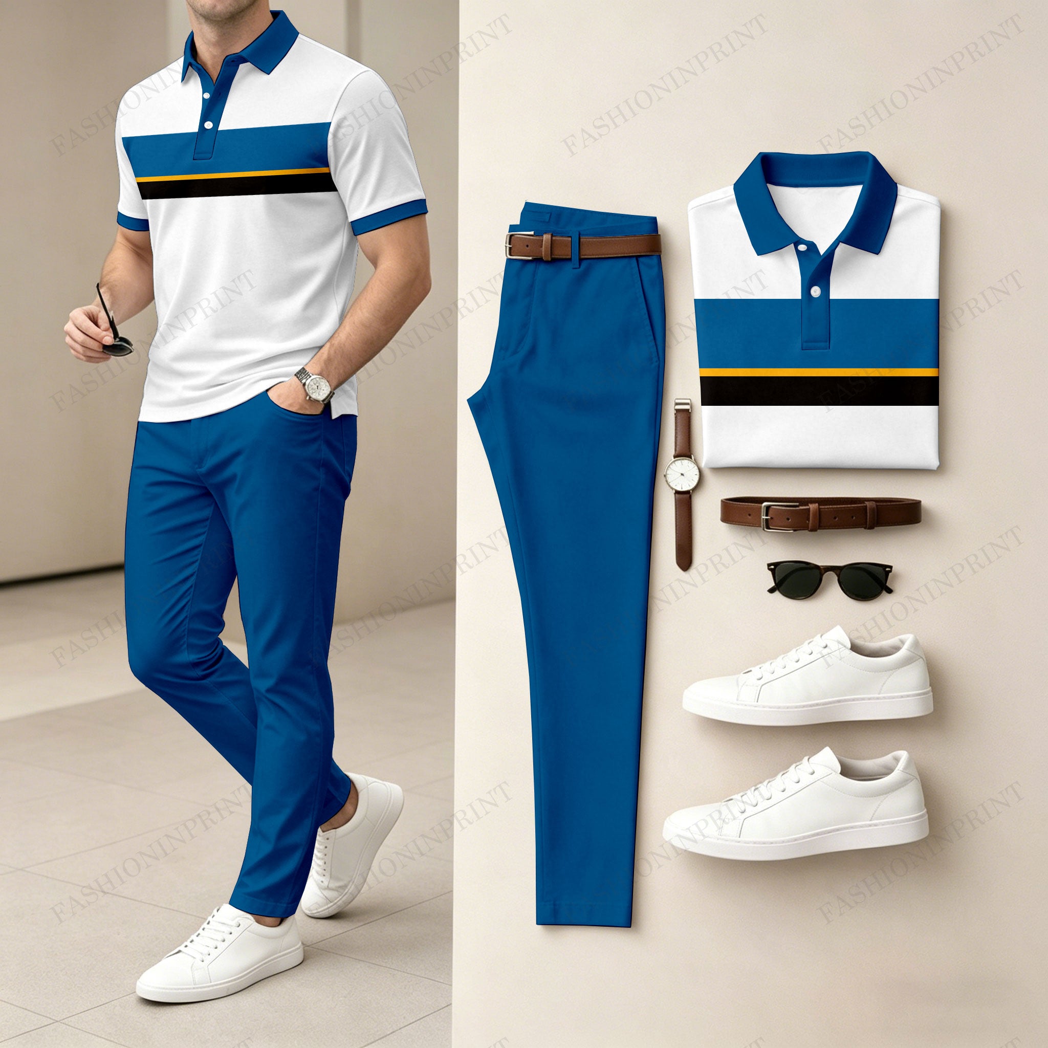 Men's Casual Blue Geometry Printed Polo Shirt And Pants Two-Piece Set 206507