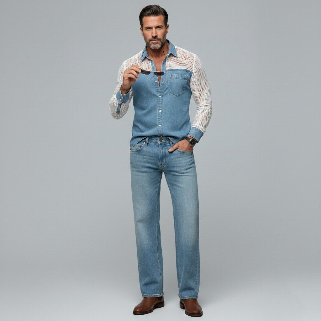 Men's Stylish Plain Denim Patchwork Mesh Hollow Out Chest Pocket Shirt