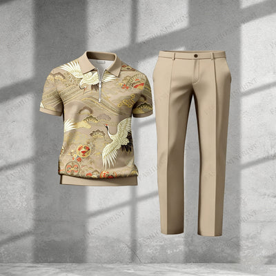 Men's Casual Royal Green Crane Short-Sleeved Half-Zip Polo Shirt And Royal Green Trousers Two-Piece Set