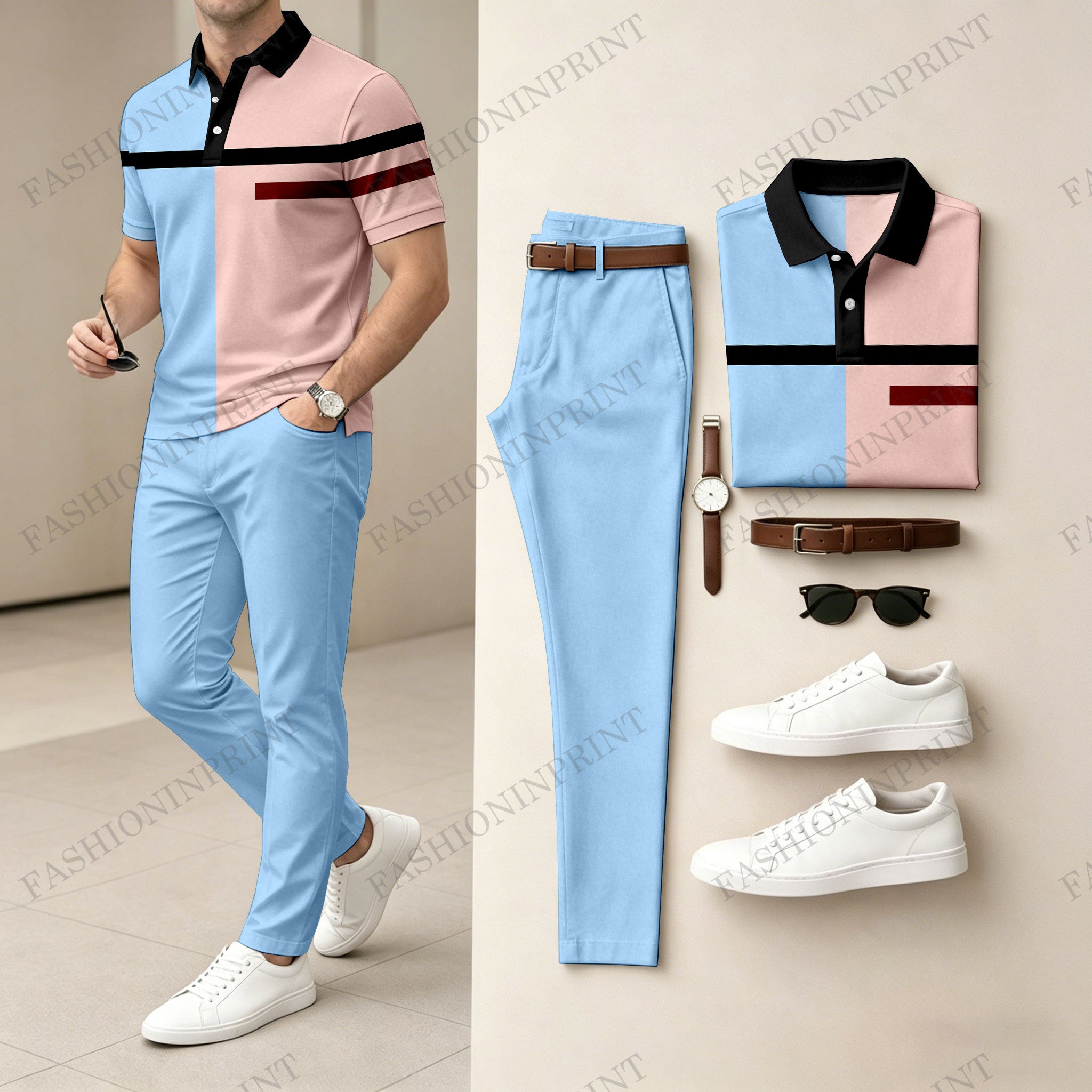 Men's Casual Khaki Geometry Printed Polo Shirt And Pants Two-Piece Set