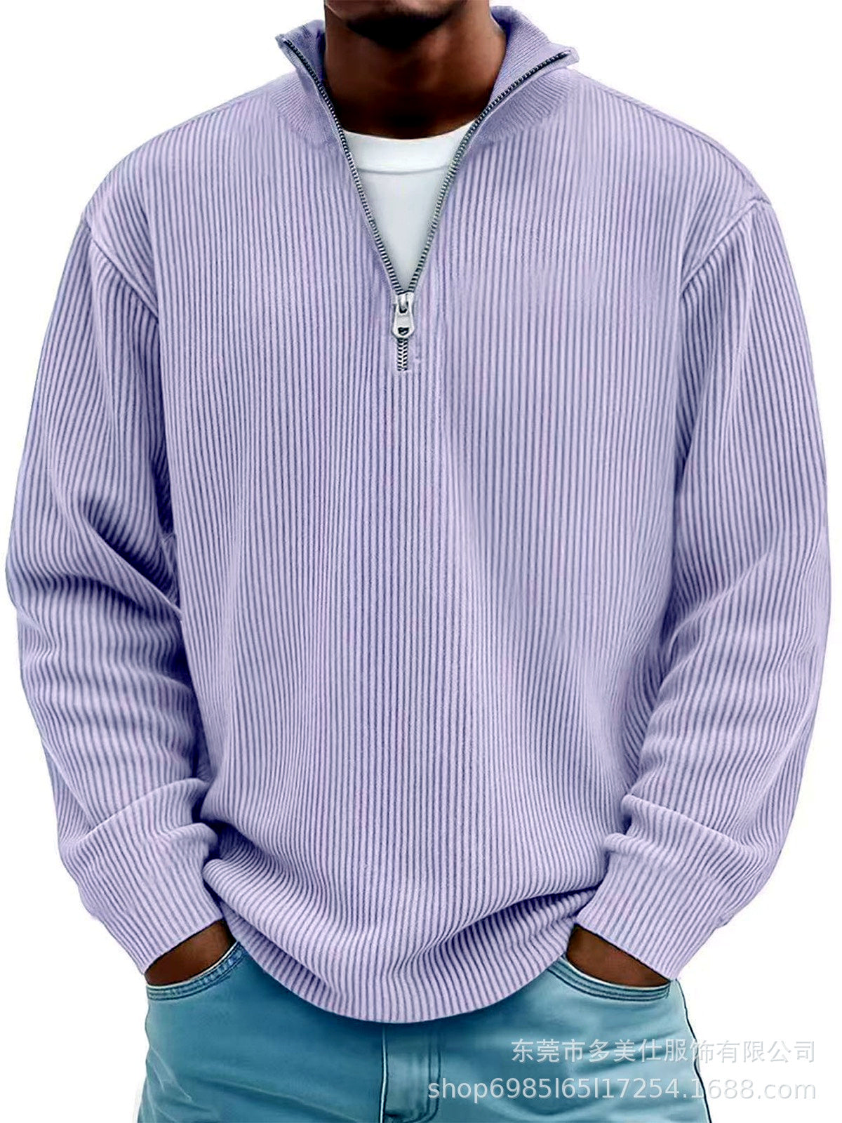 Men's Corduroy Quarter-Zip Stand Collar Long Sleeve Polo Shirt in Purple - product view