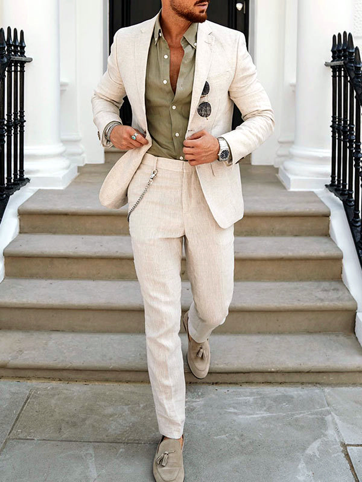 Men's Lightweight Business Blazer and Pants Set Casual Suit Outfit in Beige - product view