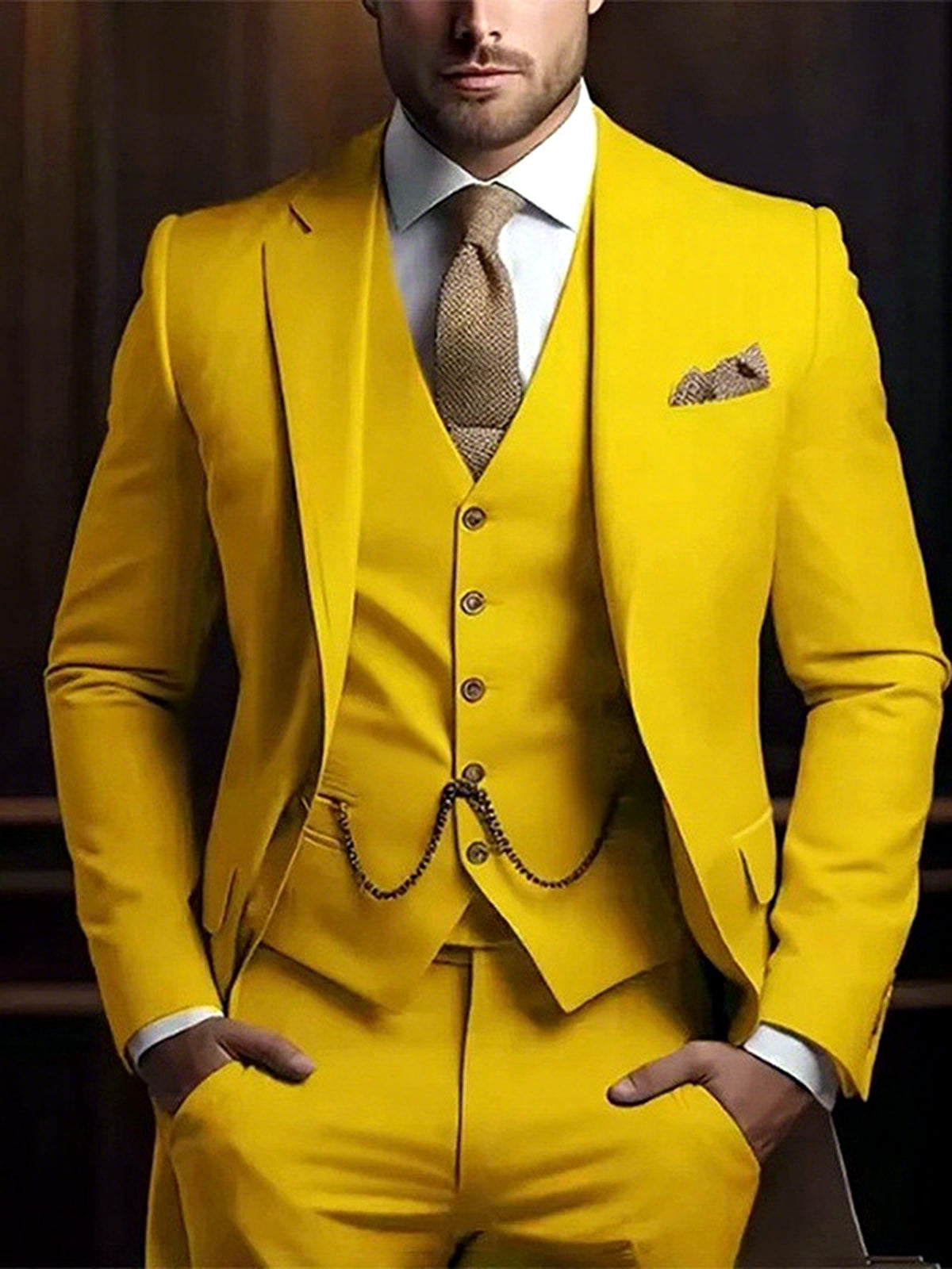 Men's Jacquard Blazer Suit Jacket One Button Party Banquet Formal Outfit in Yellow - product view