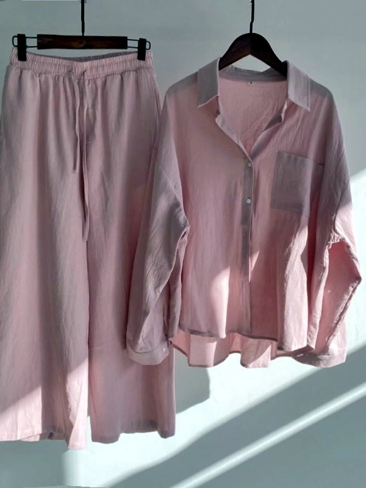 Women's Cotton Linen Button-Up Shirt & Wide-Leg Pants Set in Pink - product view