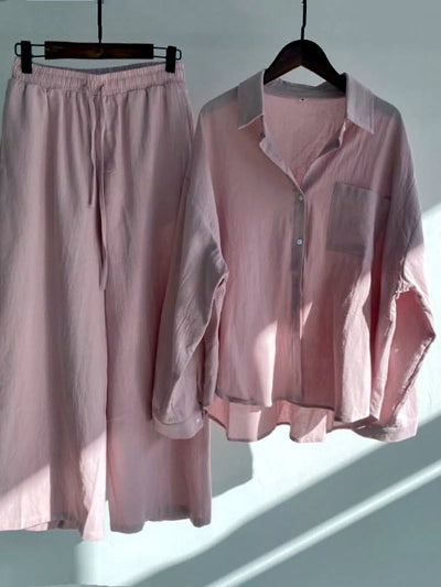 Women's Cotton Linen Button-Up Shirt & Wide-Leg Pants Set in Pink - product view
