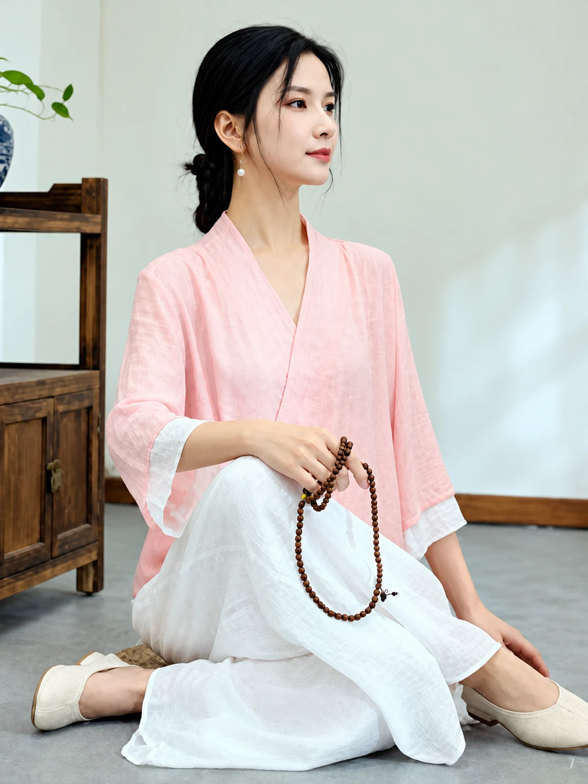 Women's Relaxed Cotton-Linen V-Neck Top & Wide-Leg Pants Set in Red - product view