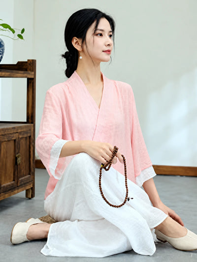 Women's Relaxed Cotton-Linen V-Neck Top & Wide-Leg Pants Set in Red - product view