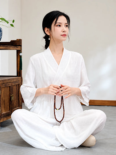 Women's Relaxed Cotton-Linen V-Neck Top & Wide-Leg Pants Set - product detail view 1