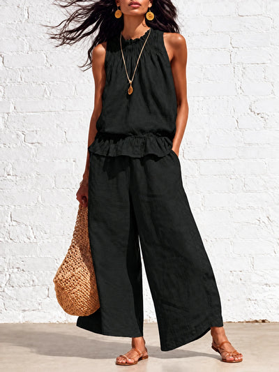 Women's Cotton Linen Two Piece Set with Top and Wide Leg Pants in Black - product view