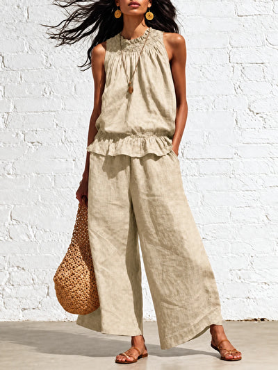 Women's Cotton Linen Two Piece Set with Top and Wide Leg Pants in Khaki - product view