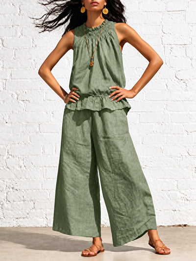 Women's Cotton Linen Two Piece Set with Top and Wide Leg Pants in Army Green - product view