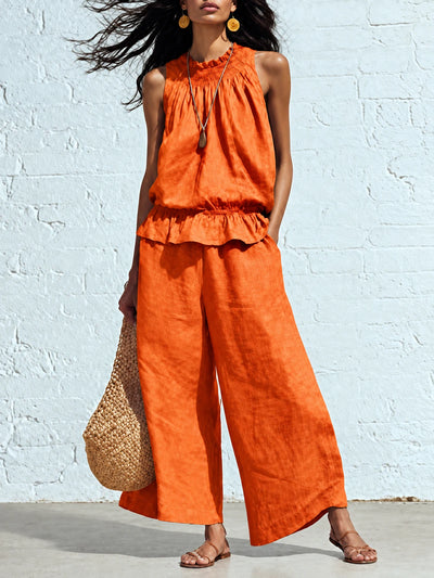 Women's Cotton Linen Two Piece Set with Top and Wide Leg Pants in Orange - product view