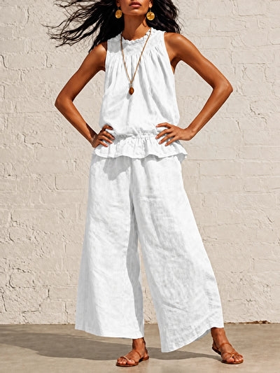 Women's Cotton Linen Two Piece Set with Top and Wide Leg Pants in Beige - product view
