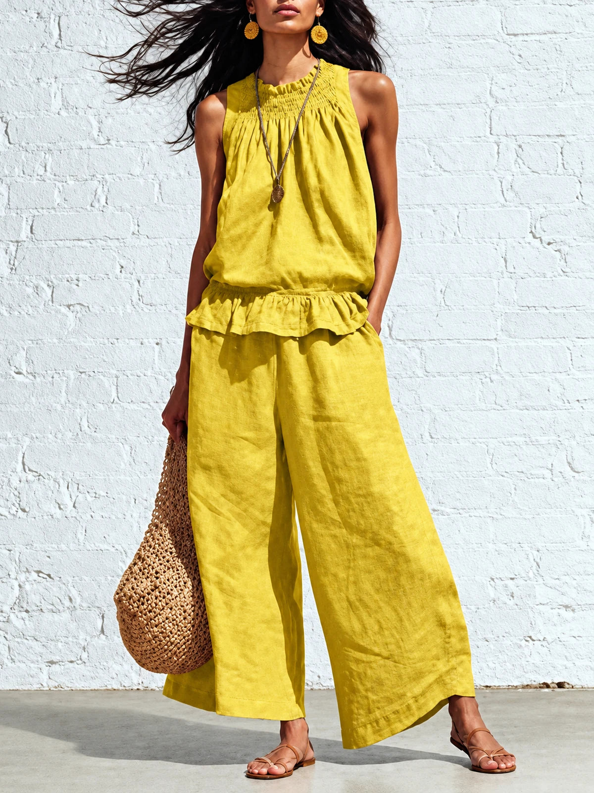 Women's Cotton Linen Two Piece Set with Top and Wide Leg Pants in Yellow - product view