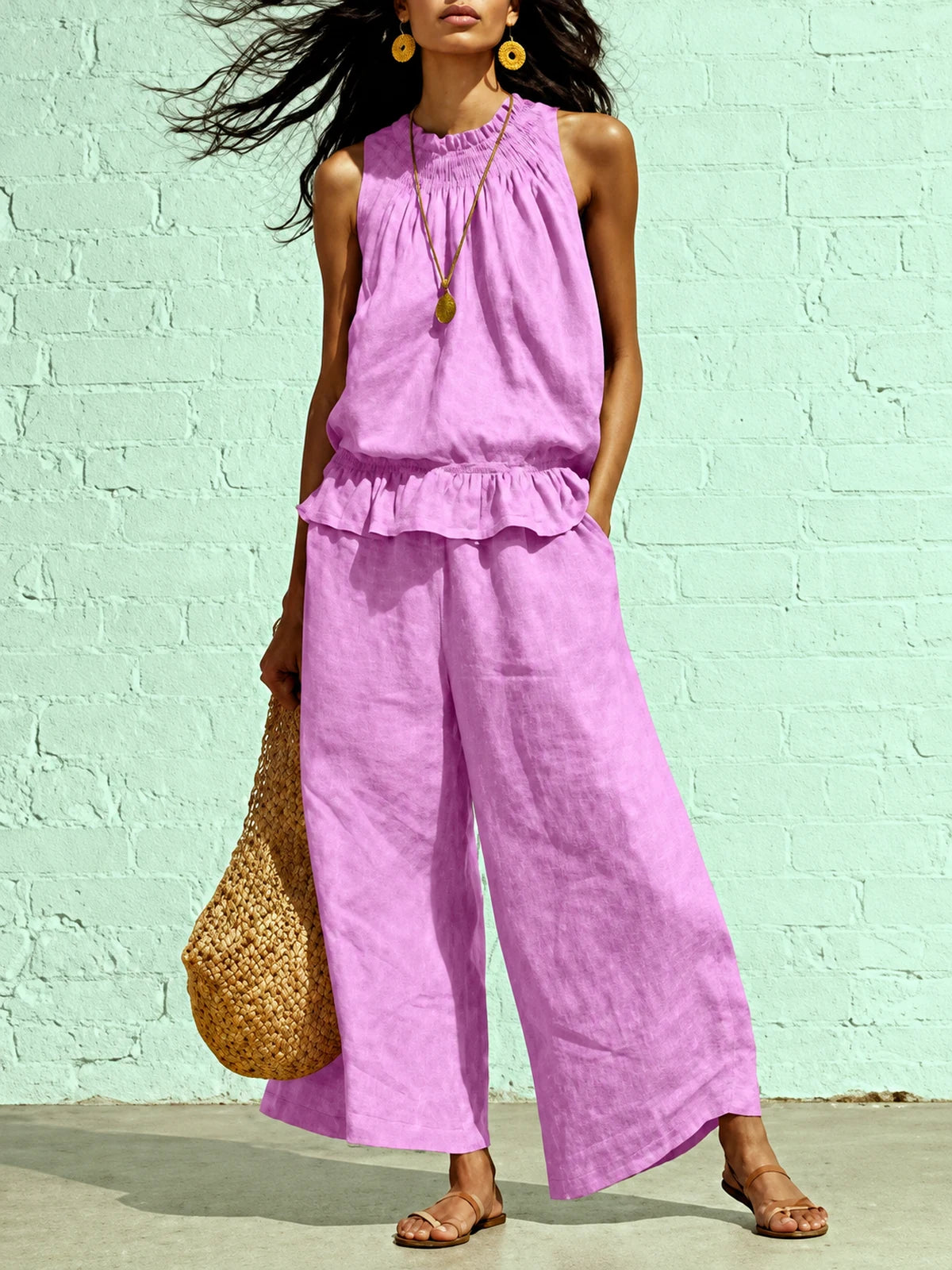 Women's Cotton Linen Two Piece Set with Top and Wide Leg Pants in Red - product view