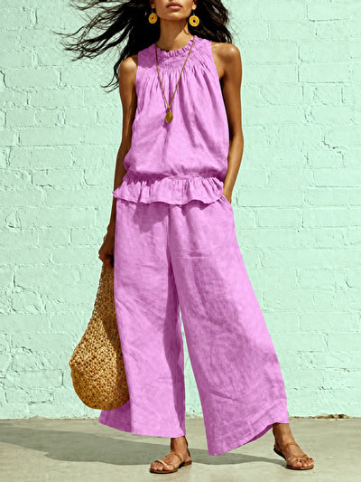Women's Cotton Linen Two Piece Set with Top and Wide Leg Pants in Red - product view