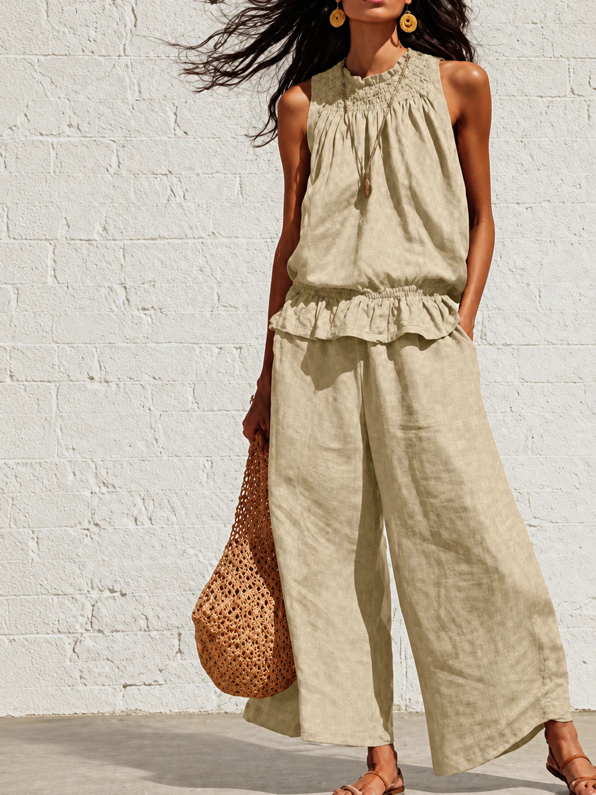 Women's Cotton Linen Two Piece Set with Top and Wide Leg Pants - product detail view 1