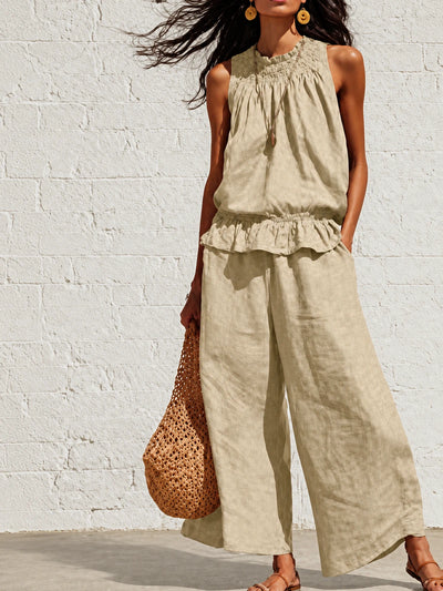 Women's Cotton Linen Two Piece Set with Top and Wide Leg Pants - product detail view 1