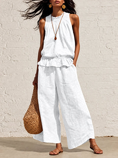 Women's Cotton Linen Two Piece Set with Top and Wide Leg Pants - product detail view 2