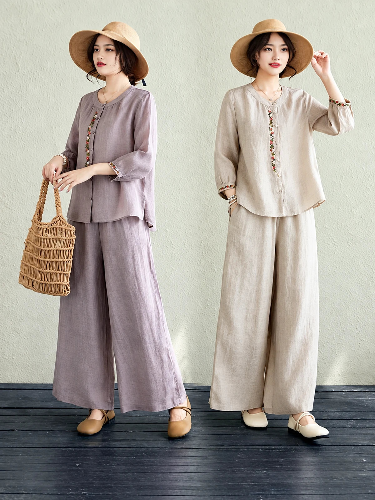 Vintage Embroidered Relaxed Shirt & Pants Two-Piece Set - product detail view 1