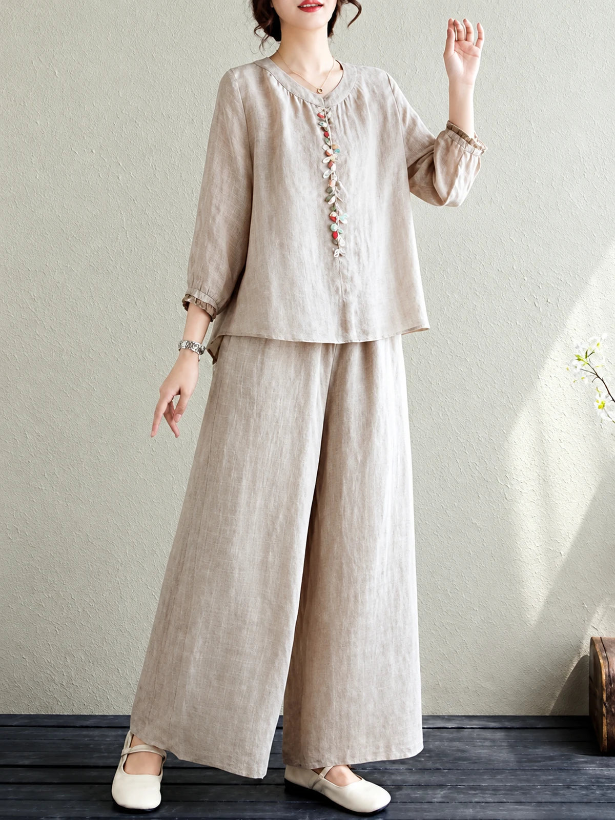 Vintage Embroidered Relaxed Shirt & Pants Two-Piece Set - product detail view 3