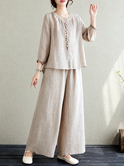 Vintage Embroidered Relaxed Shirt & Pants Two-Piece Set - product detail view 3