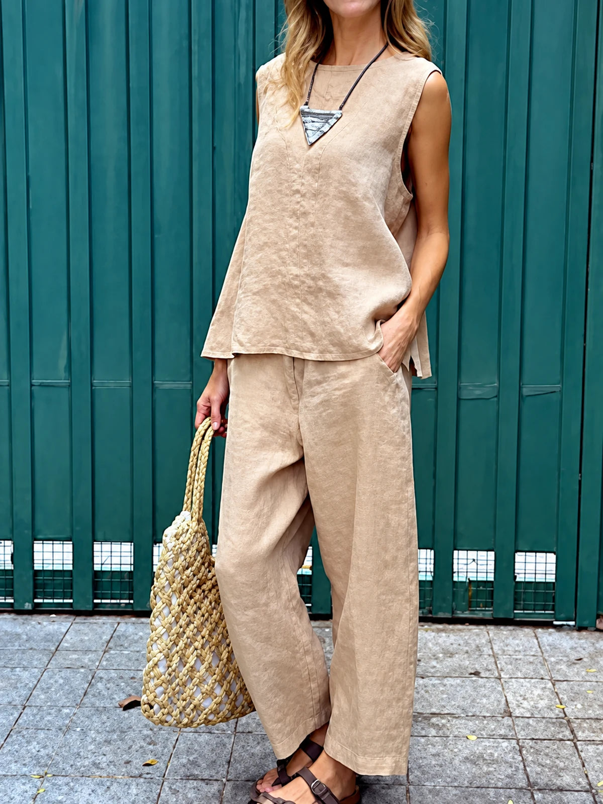 Women's Cotton Linen Two Piece Set with Top and Pants in Khaki - product view
