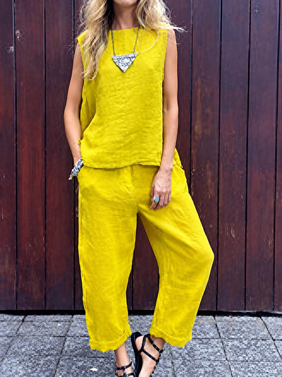 Women's Cotton Linen Two Piece Set with Top and Pants in Green - product view