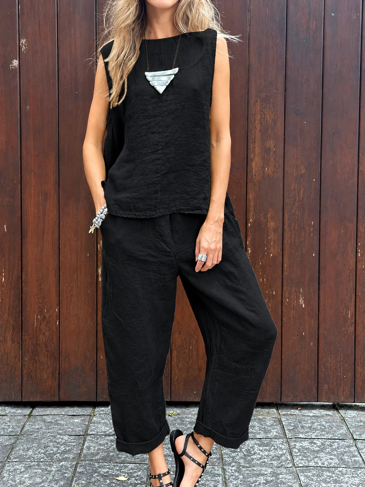 Women's Cotton Linen Two Piece Set with Top and Pants - product detail view 1