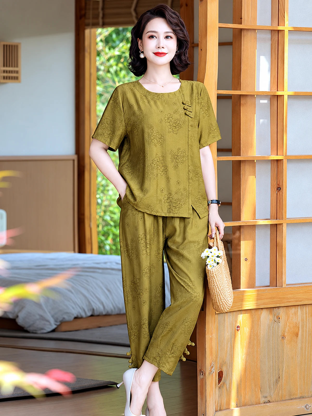 Women's Cotton Linen Two Piece Outfit Set - product detail view 2