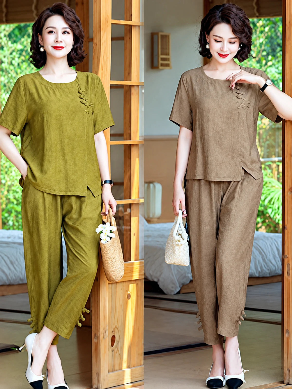 Women's Cotton Linen Two Piece Outfit Set - product detail view 3
