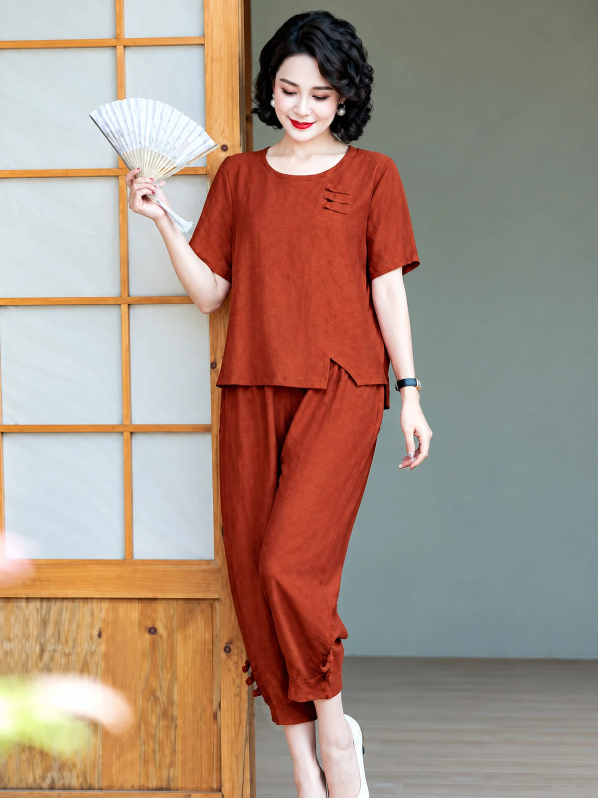 Women's Cotton Linen Two Piece Outfit Set in Green - product view