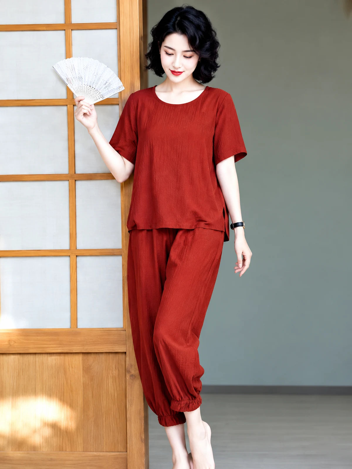 Women's Cotton Linen Two Piece Outfit Set in Red - product view