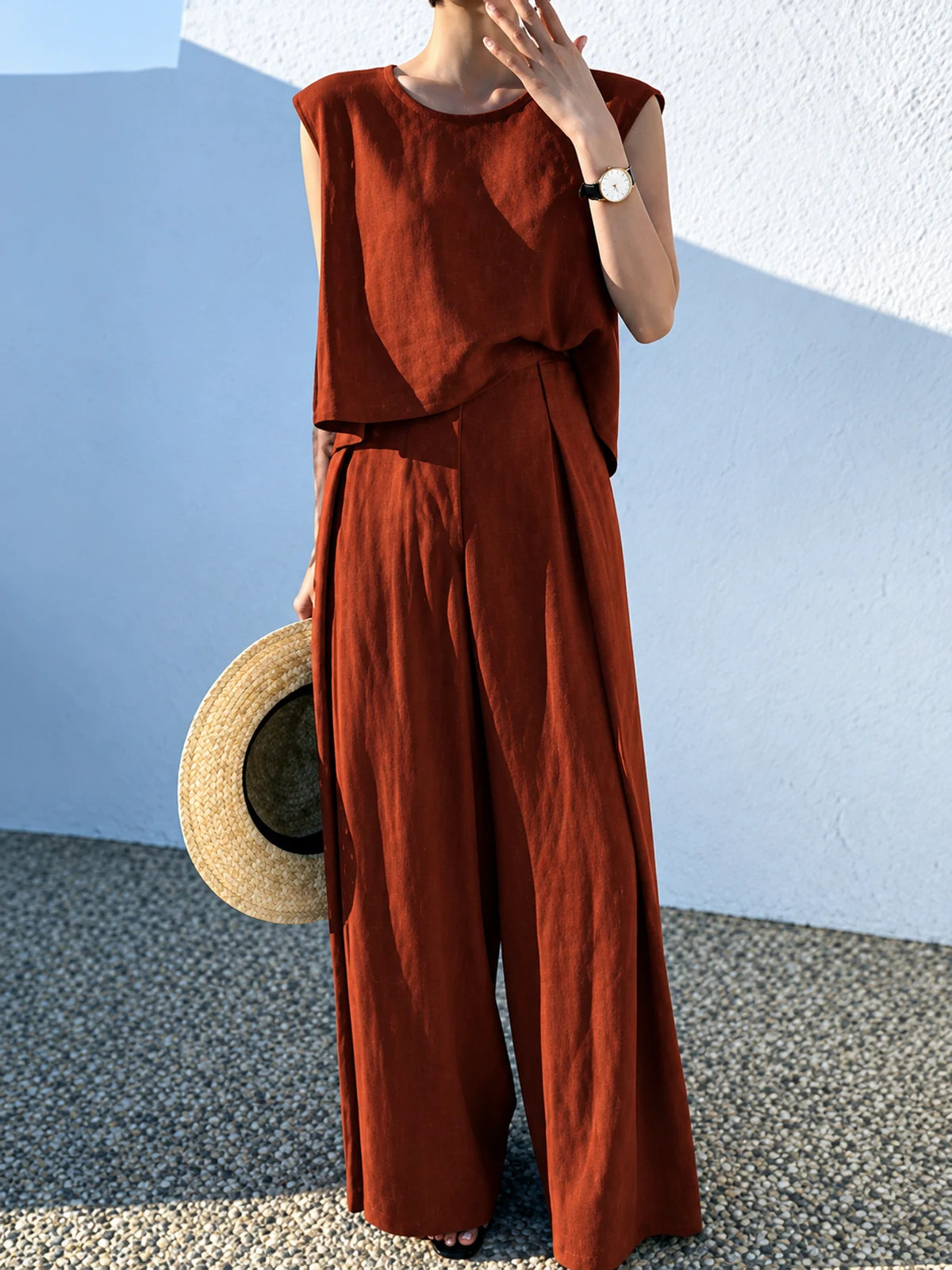 Women's Cotton Linen Two Piece Set with Top and Wide Leg Pants in Navy - product view
