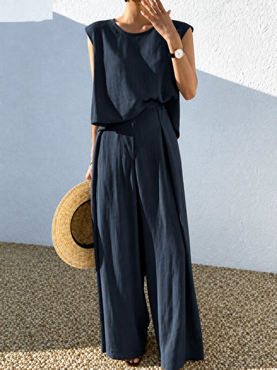 Women's Cotton Linen Two Piece Set with Top and Wide Leg Pants in Black - product view
