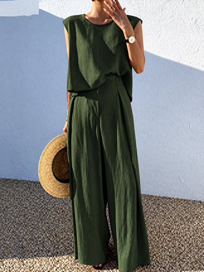 Women's Cotton Linen Two Piece Set with Top and Wide Leg Pants in Army Green - product view
