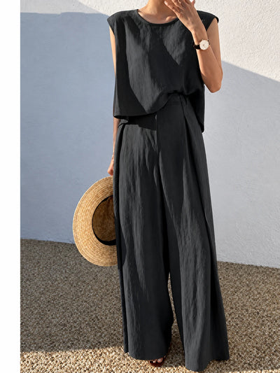 Women's Cotton Linen Two Piece Set with Top and Wide Leg Pants - product detail view 1