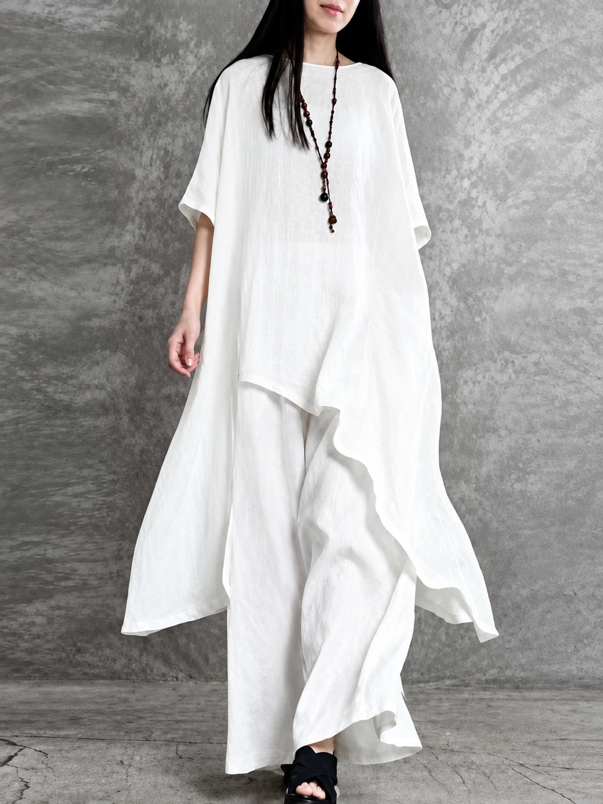 Women's Cotton Linen Two Piece Outfit Set in White - product view