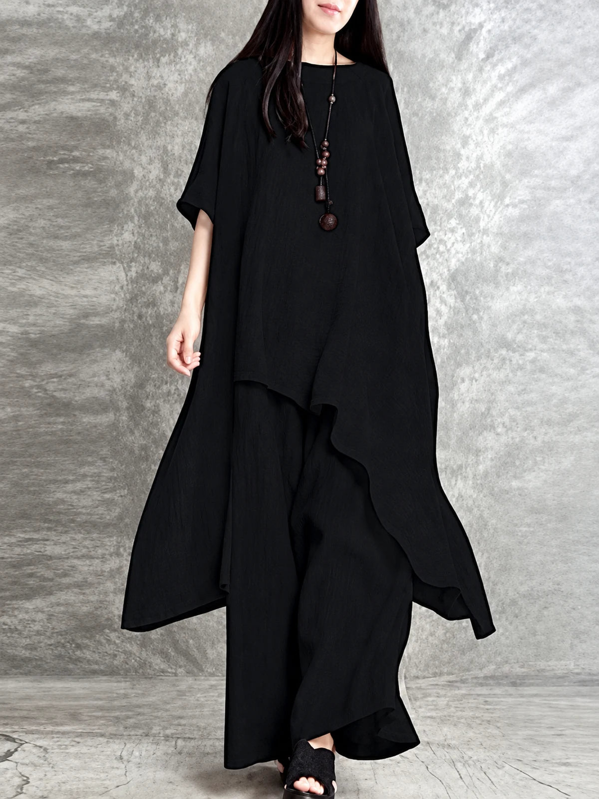 Women's Cotton Linen Two Piece Outfit Set in Black - product view