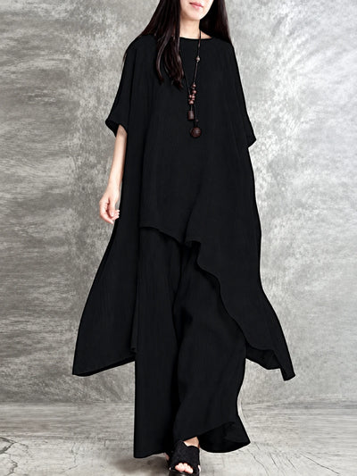 Women's Cotton Linen Two Piece Outfit Set in Black - product view