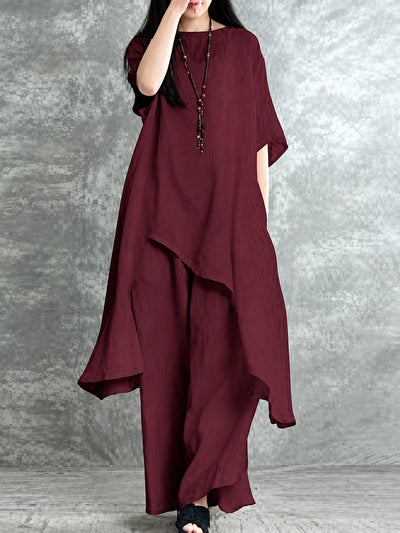 Women's Cotton Linen Two Piece Outfit Set in Burgundy - product view
